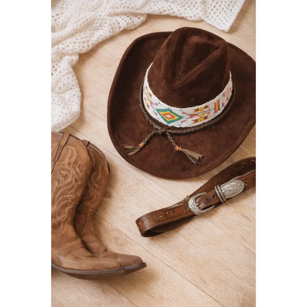 Vtg Brown Velour Cowboy Hat Southwestern Beaded Band Festival Western Boho